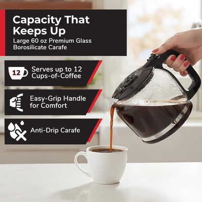 Mueller 12-Cup Drip Coffee Maker - Borosilicate Carafe, Auto-Off, Reusable Filter, Anti-Drip, Keep-Warm Function, Clear Water Level Window Coffee Machine, Kitchen Essentials & Accessories
