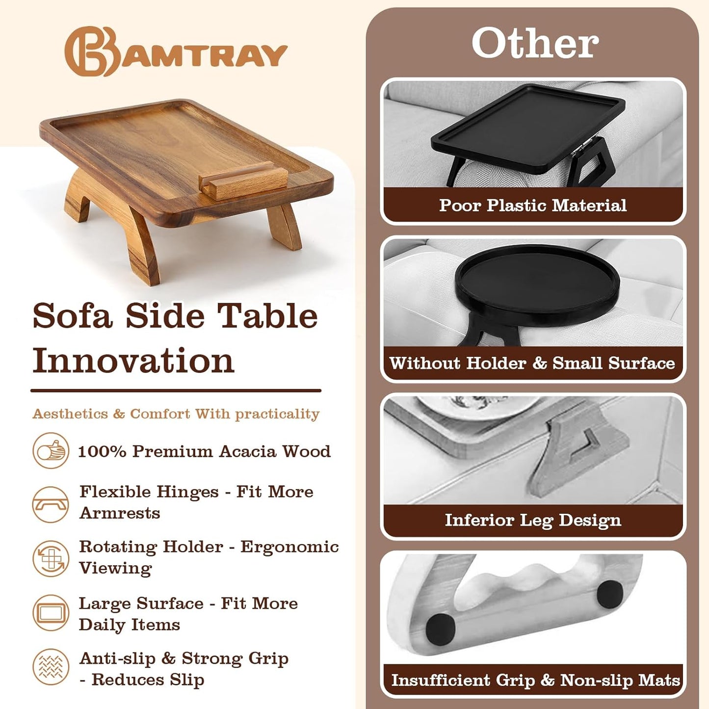 Acacia Wood Couch Armrest Table,Sofa Arm Tary Table for Living Room,Sofa Armrest Tray with Rotated Phone Holder,Clip on