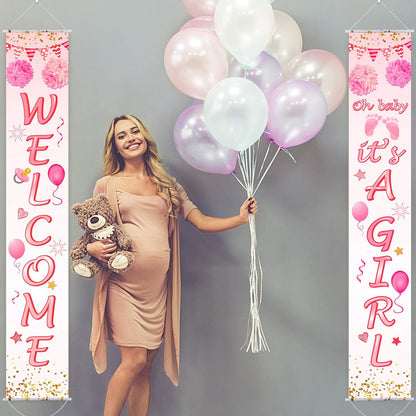 Blulu Baby Shower Decorations - 71 x 12 Inch Welcome It Is a Girl Banner Backdrop for Baby Shower Gender Reveal Party