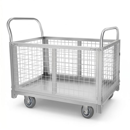 Heavy-Duty Foldable carts with cage, 39.4 x 23.6 inches Rolling cart, Capacity 2200LBS, Utility Heavy-Duty cart with Basket, for Warehouse Luggage handling, Silver