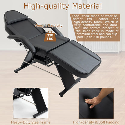 Geelife Massage Salon Tattoo Chair with Hydraulic Stool, Multi-Purpose 3-Section Facial Bed Table, Adjustable Beauty Barber Spa Equipment, Black