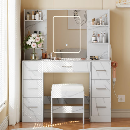 GarveeTech Makeup Vanity with Mirror, Light and Chair, Power Outlet, Hairdryer Holder, 7 Drawers, 3 Lighting Modes Brightness Adjustable Dressing Table for Bedroom