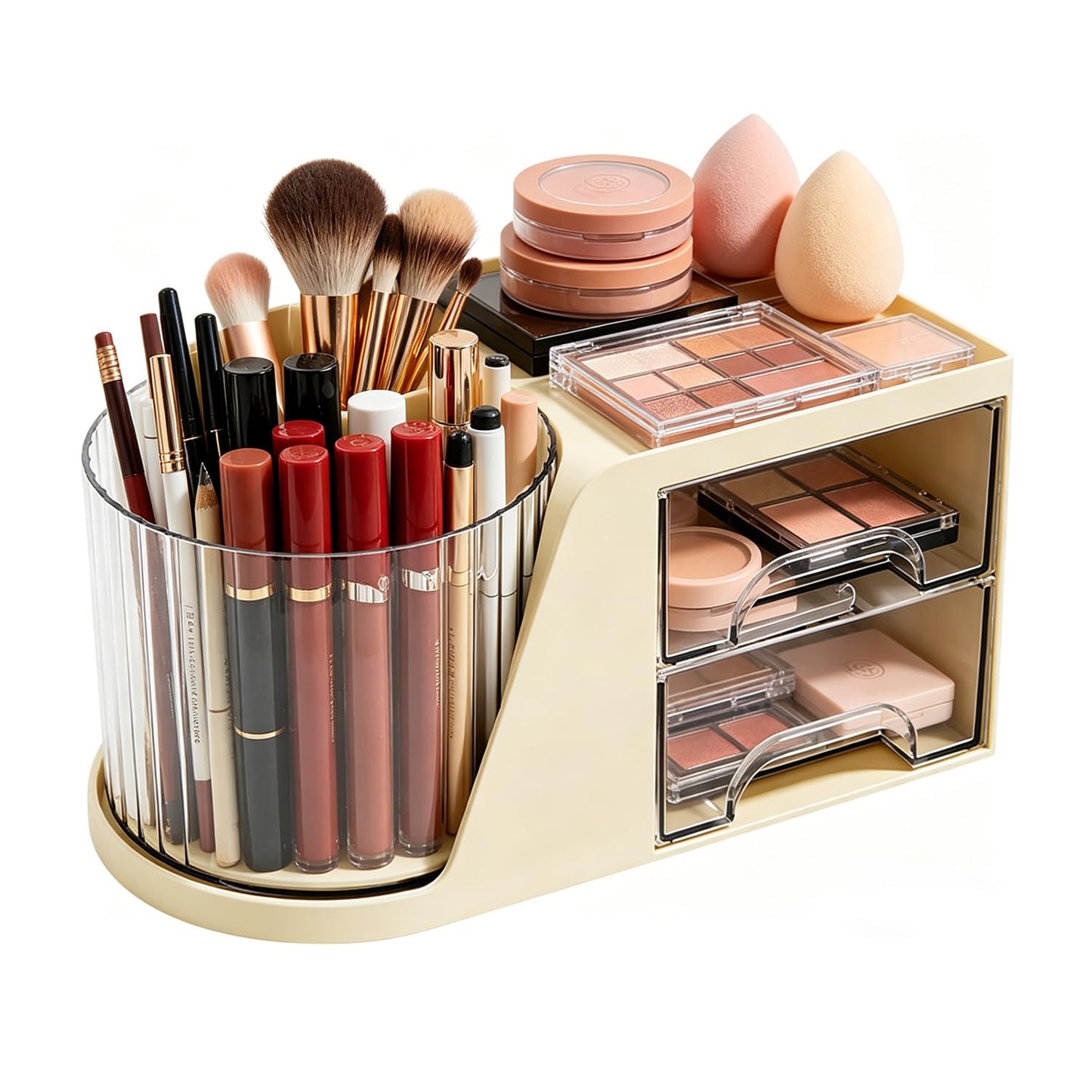 KDYNIX 360 Rotating Makeup Organizer with 2 Drawers, Spinning Cosmetic Brush Holder & Pen Cup, Multi-Purpose Desktop Storage for Bathroom Vanity, Art Supplies, Skincare, Office Desk