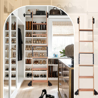 Leinuosen 86 Inch Rolling Library Ladder with 4FT Track Kit, Solid Oak Wood Ladder with Braking Wheels, Sliding Kit for Home, Bookshelf, Loft(Suitable for Installation Height 80-3/4")