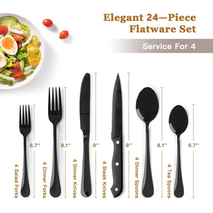 Astercook 24-Piece Black Silverware Set with Steak Knives Flatware Set for 4 Food-Grade Stainless Steel Cutlery Set Mirror Polished Utensils Set Include Spoons and Forks for Home Gifts for Women