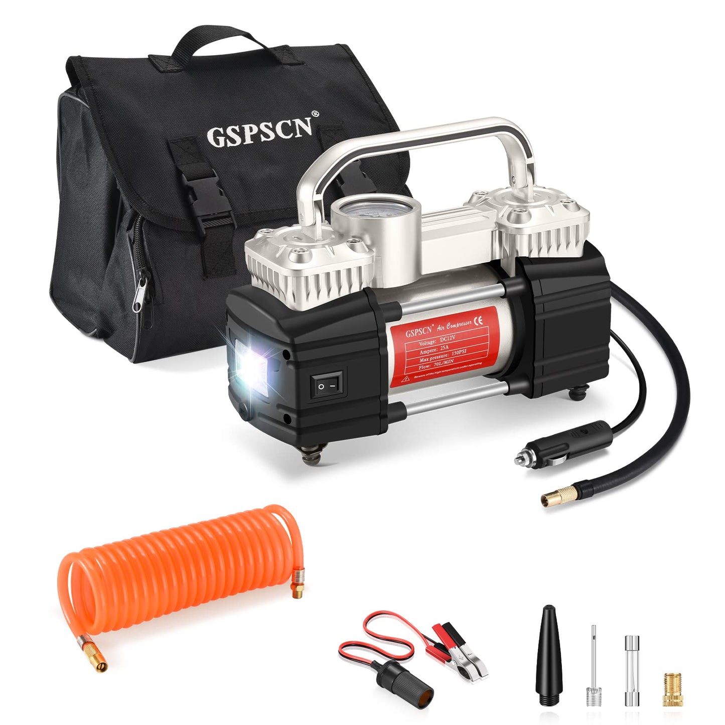 GSPSCN Silver Dual Cylinder 12V Air Compressor Pump for Car, Heavy Duty Portable Tire Inflator 150PSI with LED Work Lights for Auto,Truck,SUV, RV,Balls etc