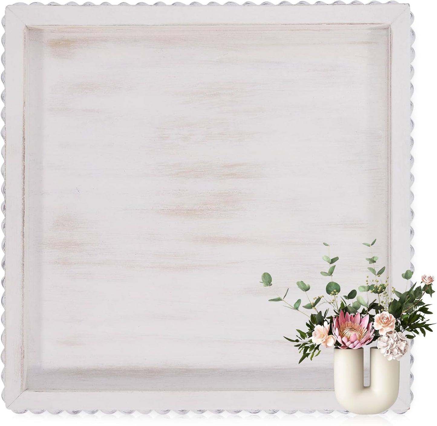 12in HPC Decor Square Decorative Tray for Home Decor- White Wood Beaded Tray- Decorative Square Tray for Living Room