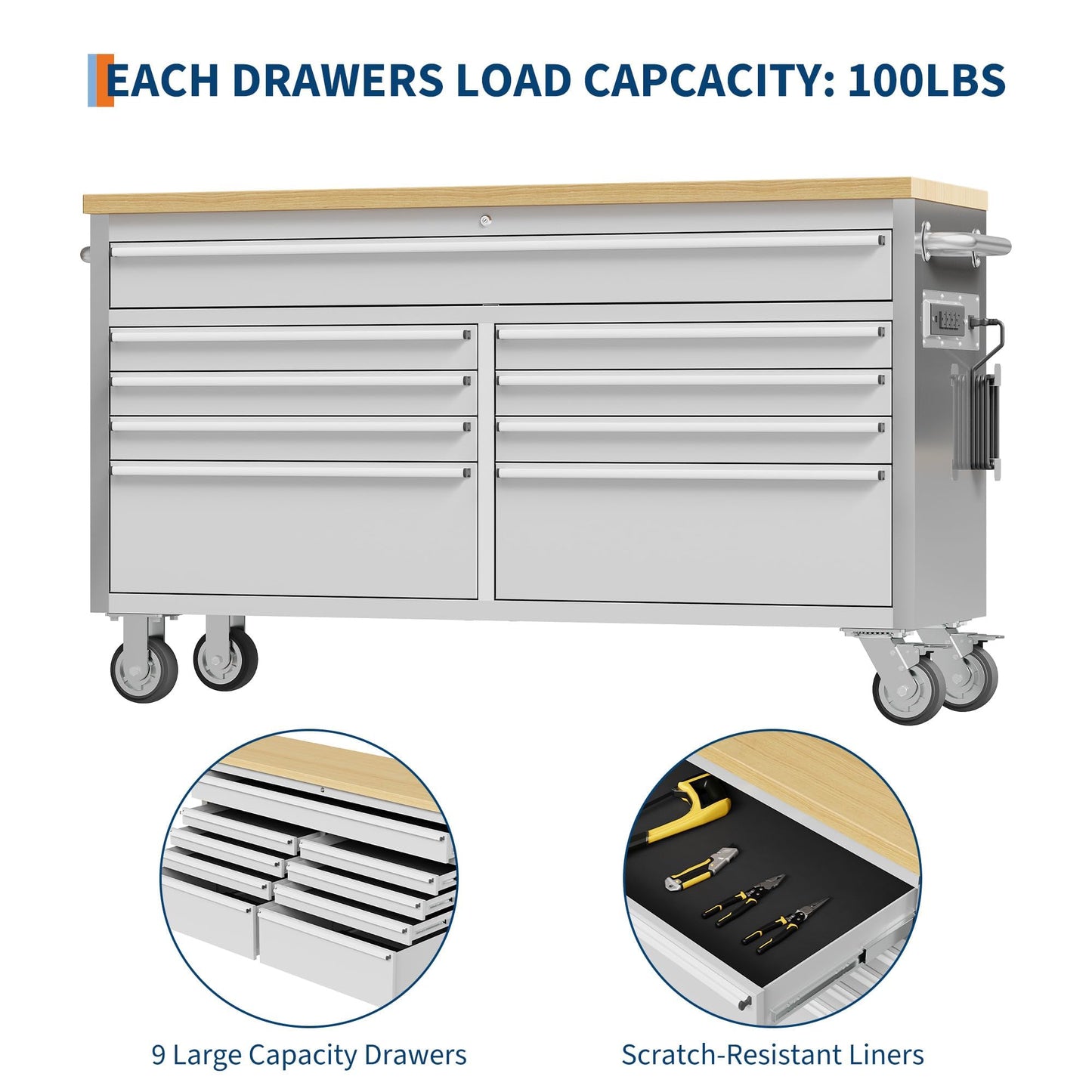 61-Inch Heavy-Duty Rolling Tool Chest & Mobile Workbench with 9 Drawers, Steel Storage Cabinet, Rubber Wood Tabletop, Key Locking System and Drawer Liners for Garage, Workshop, Repair Shop, Silver