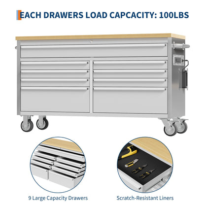 61-Inch Heavy-Duty Rolling Tool Chest & Mobile Workbench with 9 Drawers, Steel Storage Cabinet, Rubber Wood Tabletop, Key Locking System and Drawer Liners for Garage, Workshop, Repair Shop, Silver