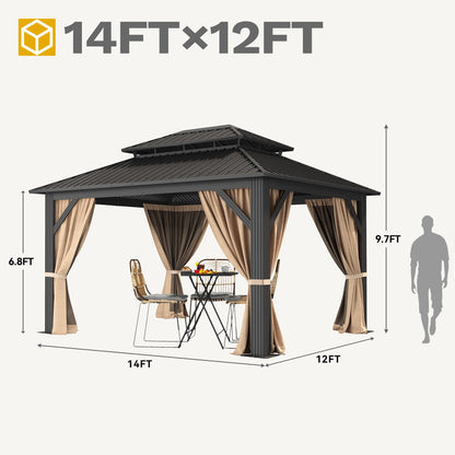 DWVO 12x14ft Aluminum Gazebo Hardtop Double Roof Canopy Outdoor Gazebo Galvanized Roof with Netting and Curtain Garden Tent for Patio, Backyard and Deck