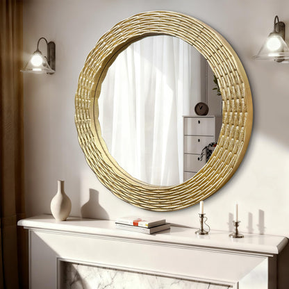 WAMIRRO Gold Round Wood Mirror, 36 Inch Hand Carved Solid Wood Frame Circle Mirror for Wall Mount, Farmhouse Boho Decor for Living Room, Bathroom, Bedroom, Hallway & Entryway