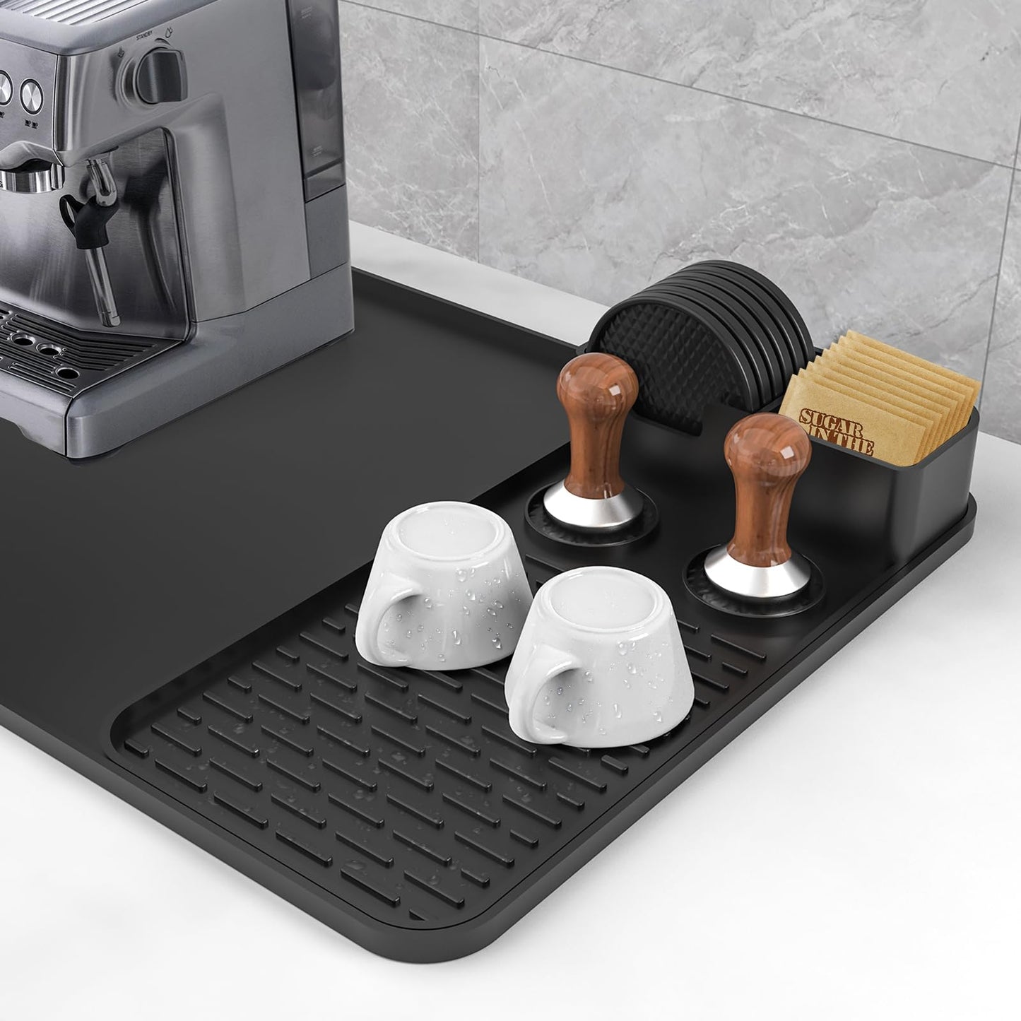 Silicone Coffee Mat with 6 Coasters,24"x16" Counter Bar Mat Fits Under Coffee Maker/Pot & Espresso Machine, Bar Aceessories,Detachable Drying Pad for Tamper,Sugar Packets,Cups & Countertop Protection
