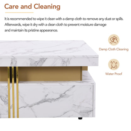 Merax Modern White and Gold Square Coffee Table with 4 Drawers, Ample Hidden Storage, Durable MDF Construction, Sleek Accent End Table for Living Room, Lounge, and Apartment Decor, White