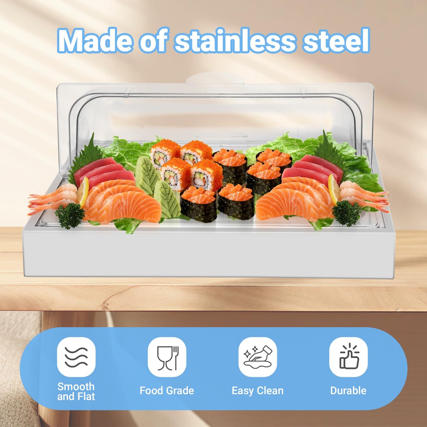 Countertop Ice Food Serving Display Tray with 1 Pan, Portable Salad Bar Buffet Station, Stainless Steel Cold Food Buffet Server with Clear Roll Top Cover, Chilled Serving Tray for Home Party Buffet