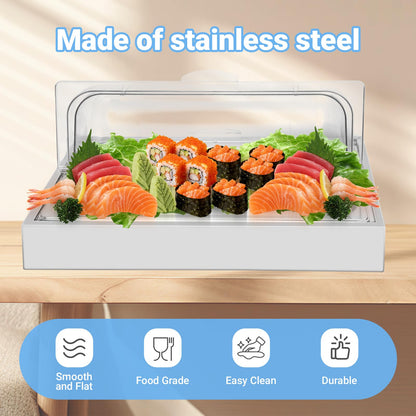 Countertop Ice Food Serving Display Tray with 1 Pan, Portable Salad Bar Buffet Station, Stainless Steel Cold Food Buffet Server with Clear Roll Top Cover, Chilled Serving Tray for Home Party Buffet