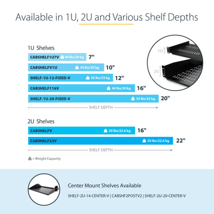 StarTech.com 1U Server Rack Shelf - Vented Rack Mount Cantilever Tray for 19" Network Rack & Cabinet, 44lb/20kg, 10" Deep