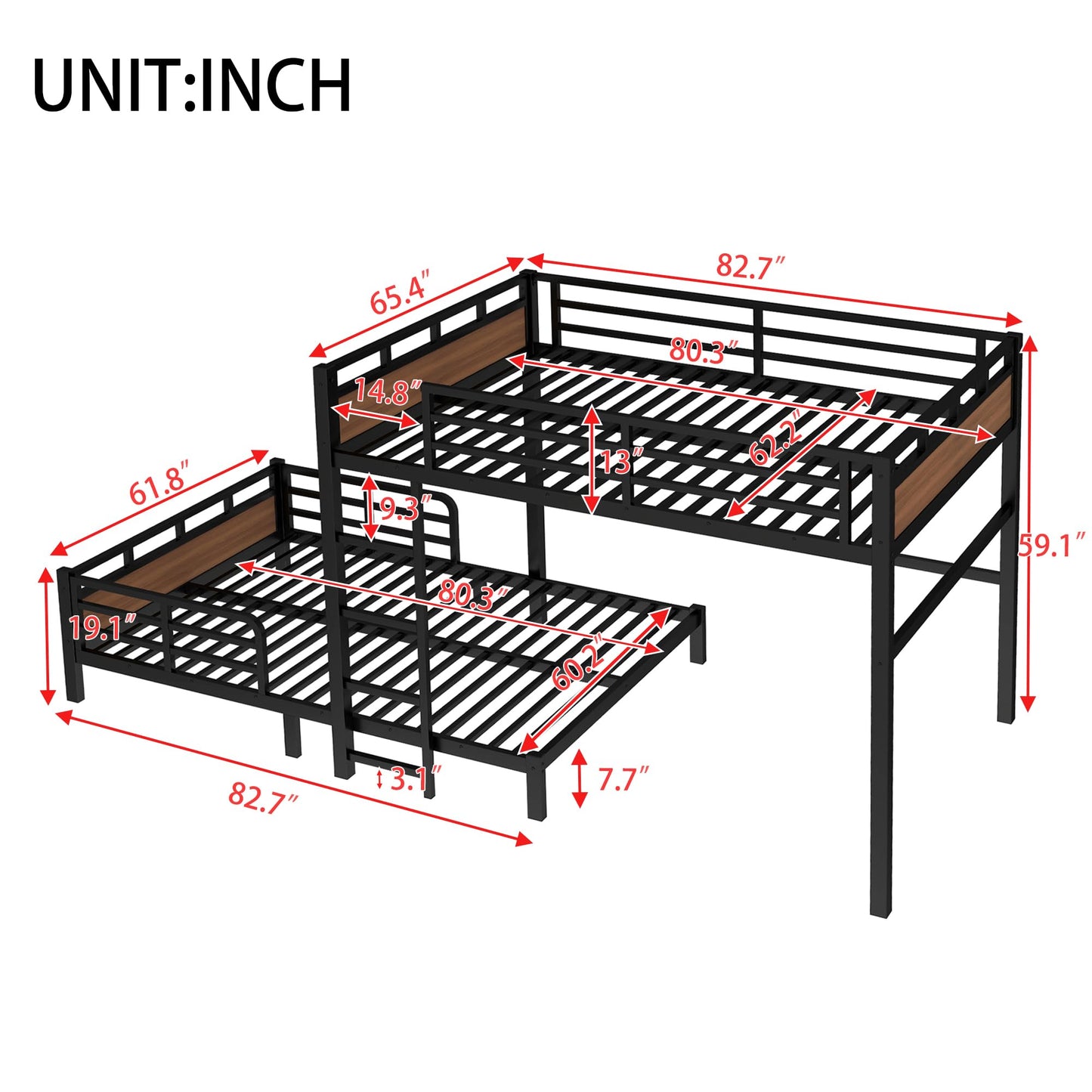 Bellemave Queen Over Queen Bunk Bed, Separable Bunk Beds for Kids & Adults, Converts to Loft Bed and Platform Bed, Heavy Duty Metal Bunkbed with Guardrails, No Box Spring Needed, Walnut