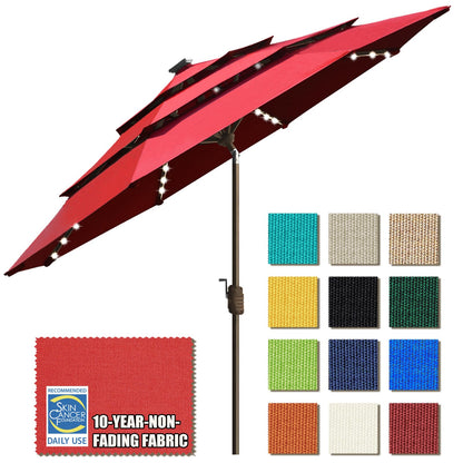 EliteShade USA 10-Year-Non-Fading 9ft 3-Tier Market Patio Umbrella, Commercial Table Umbrella with 80 Solar LED Lights, Crank Open, Windproof & UPF 50+ UV Protection for Garden, Deck, Pool, Backyard, Logo Red