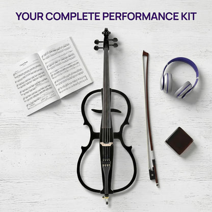 Verahaus Electric Cello 4/4 Full Size Ebony Fittings with Lightweight Cello Bag, Headphones, Bow, Bridge, Rosin, Cello for Beginners Adults(Metallic Black)