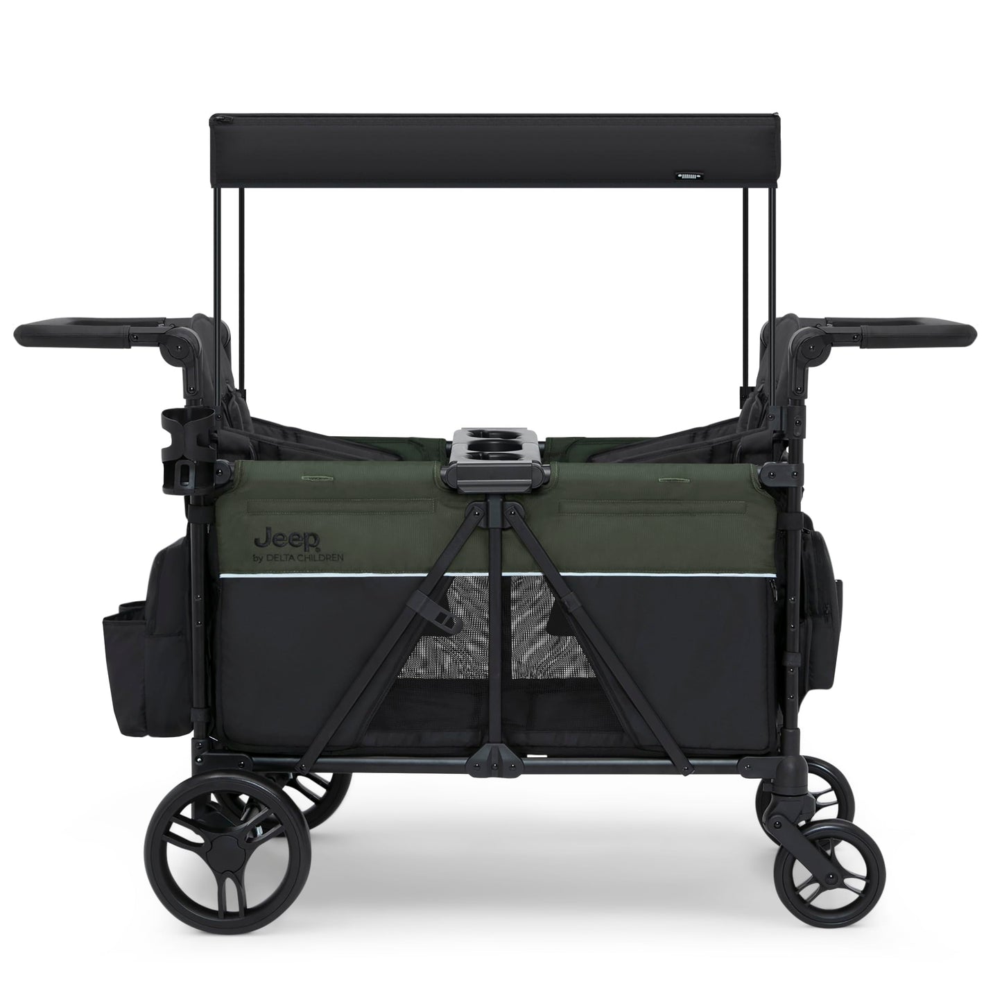Jeep Aries Stroller Wagon by Delta Children Premium Wagon for 2 Kids with Convertible Seats, Adjustable Push/Pull Handles, Removable Canopy & Flat Fold - Greenguard Gold Certified, Black/Green