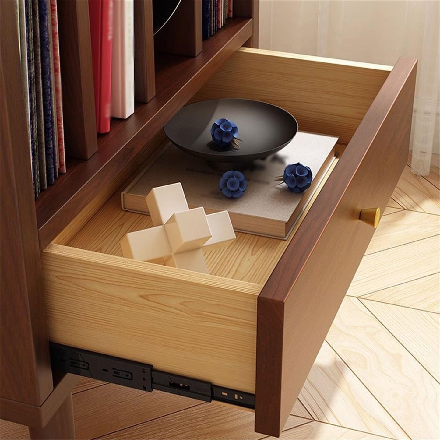 uP9sF2mD DVD Shelf Organizer Wooden Vinyl Record Low Cabinet with Drawers Storage Unit Display Holder CD Storage Rack(Walnut colour)