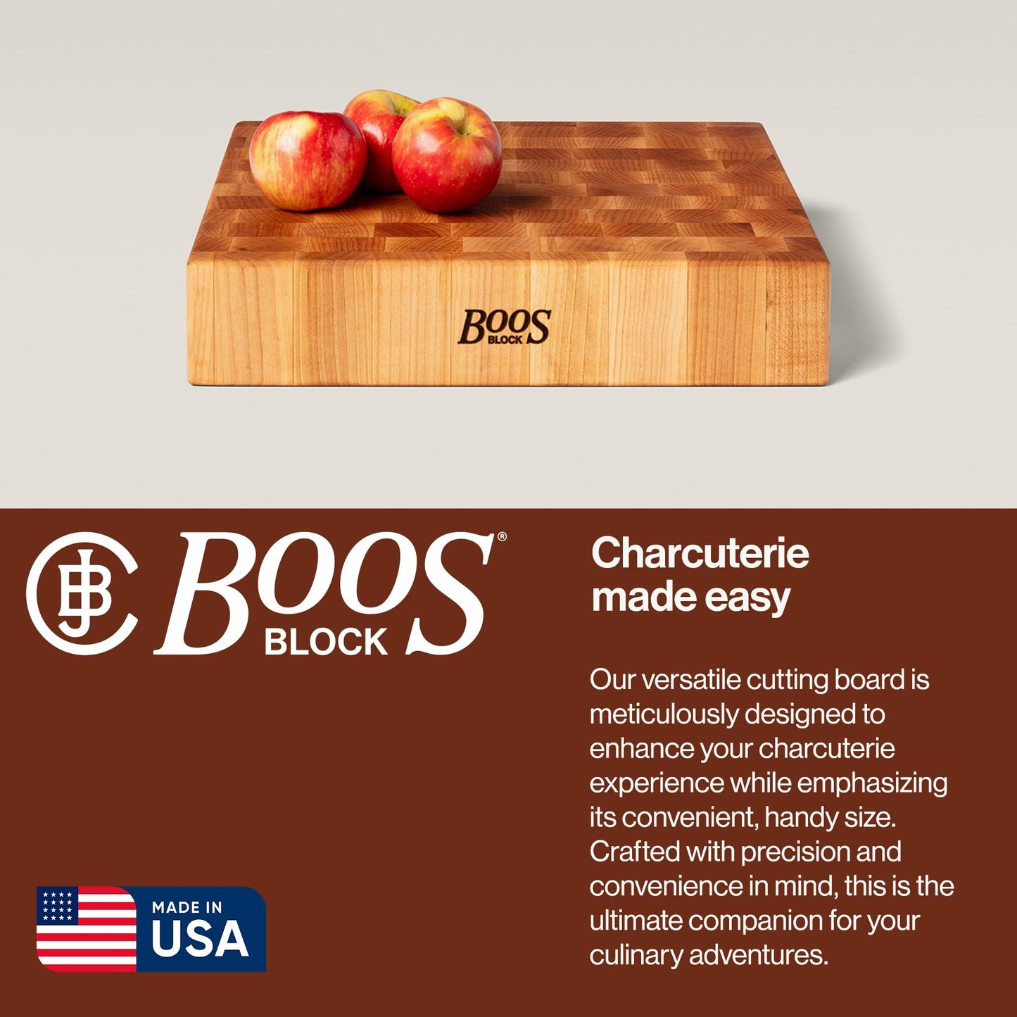 John Boos CCB Series Square Wooden Maple Cutting Board 15”x15” – 3” Thick, 19-lb Reversible Butcher Block with End-Grain & Finger Grips – Made in the USA