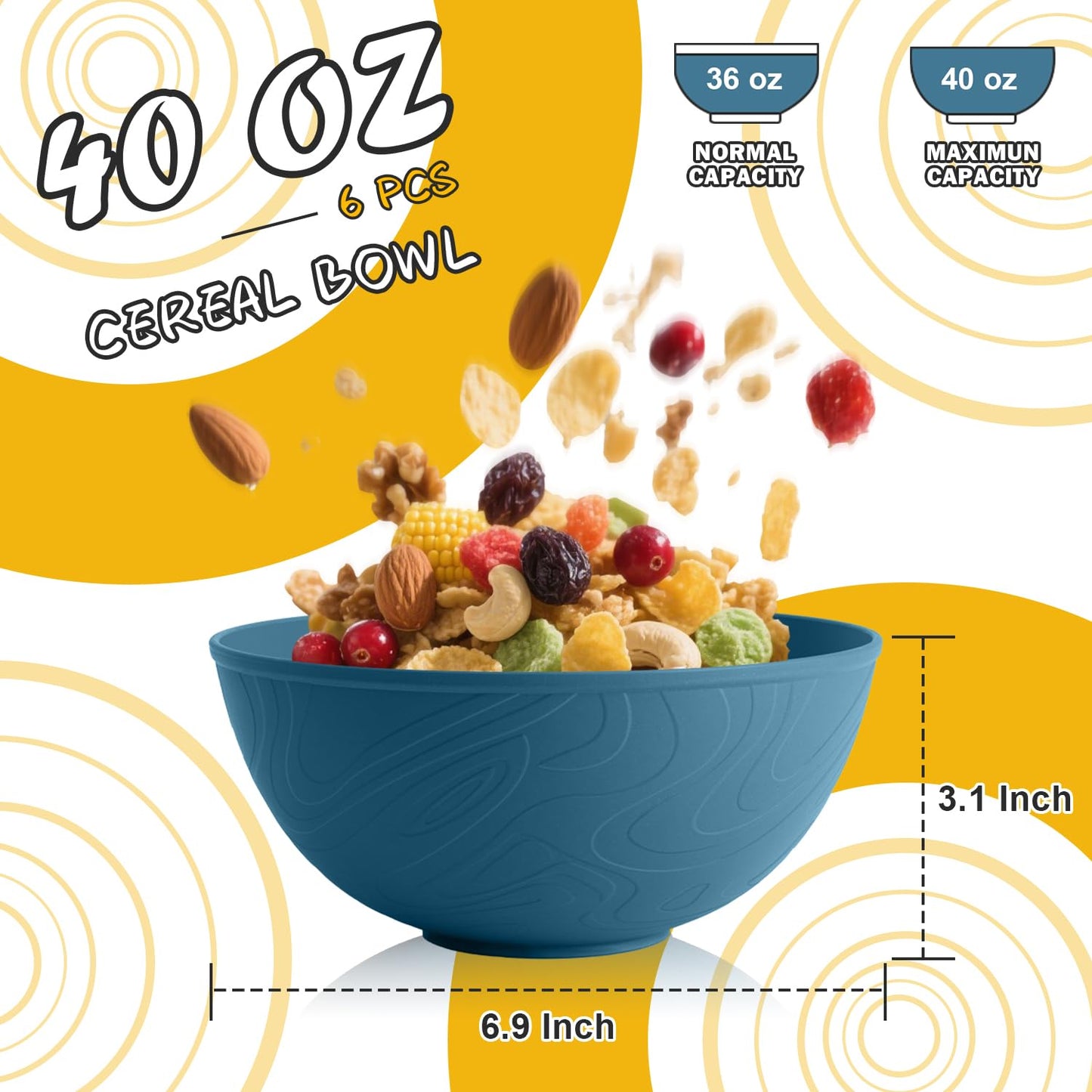 Perlapoc Unbreakable Large Cereal Bowls 40 OZ, Wheat Straw Bowls Set of 6, Alternative Plastic Bowls for Kitchen, Outdoors, Microwave & Dishwasher Safe Bowl Set for Salad, Cereal, Soup, Ramen, Multi
