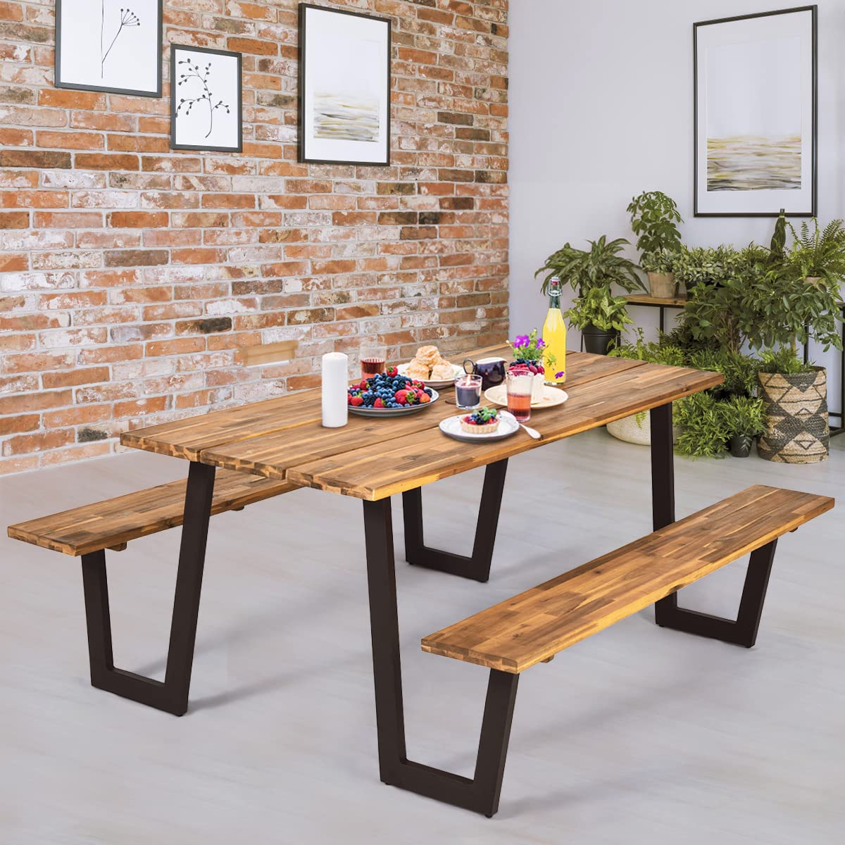 Giantex Picnic Table Bench Set for 6 or 8, 70.5" Acacia Wood Outdoor Dining Table Set, 2" Umbrella Hole, 1600 LBS Capacity, Heavy Duty Metal Frame, Large Beer Table for Patio Lawn Garden, Patented