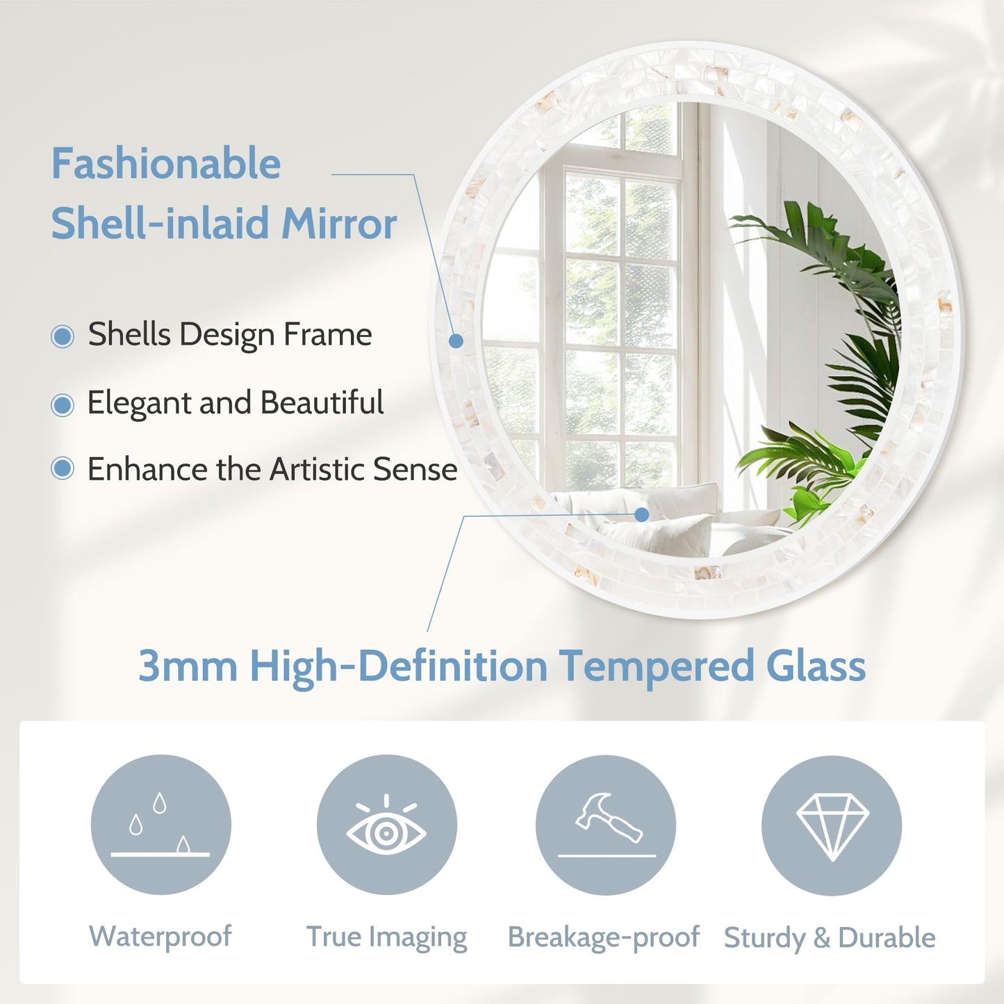 Tanmicoshomy Round Wall Mirror 24 Inch,Circle Mosaic Mirror with Natural Mother of Pearl and Wood Frame, Decorative Coastal Round Wall Mirror for Bathroom Bedroom Living Room Entryway