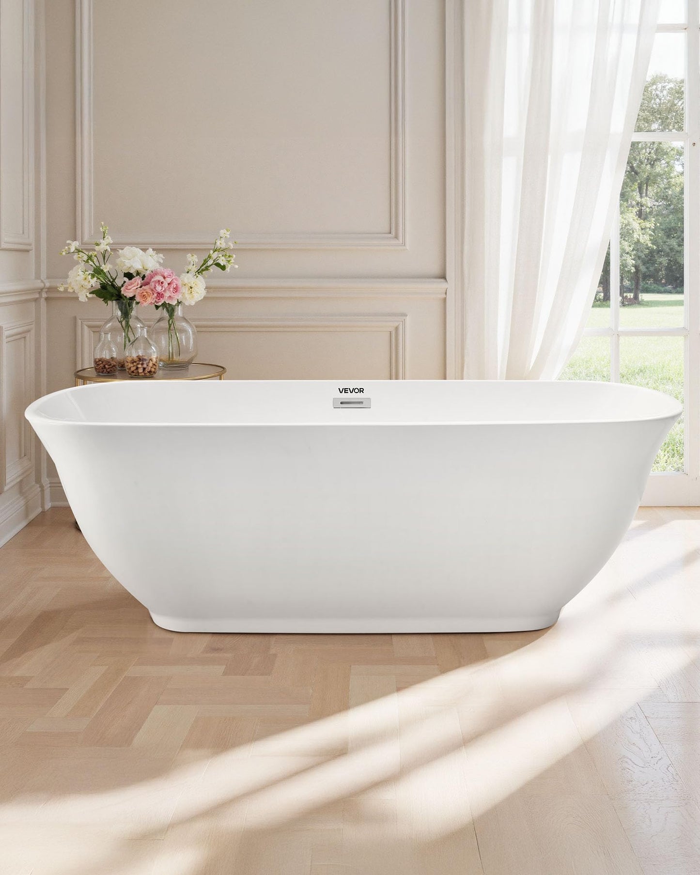 VEVOR Acrylic Freestanding Bathtub, 67 Inch Contemporary Soaking White Tub with Polished Chrome Overflow and Drain, Elegant Oval Shape Stand Alone Soaker Tub for Modern Bathroom or Remodel Projects
