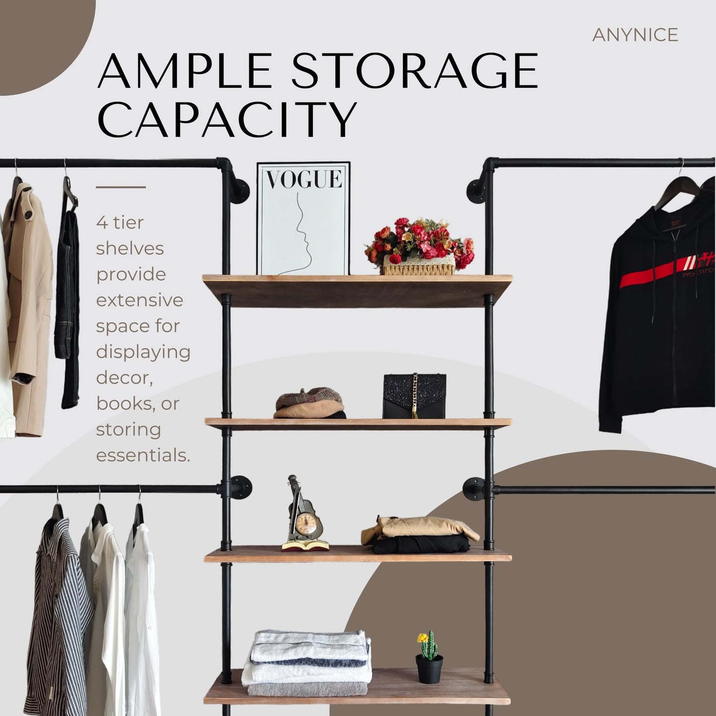 Anynice Industrial Pipe Clothing Rack Wall Mounted, DIY Custom Closet System with Shelves, Heavy Duty Garment Hanging Rack for Walk in Closet, Laundry Room, Retail Display, 14.6x122.8x82.7 in, Y05