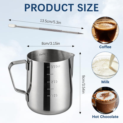 4 Pcs Stainless Steel Espresso Milk Frothing Pitcher Set with Latte Art Pen, 12 oz Milk Frother Cup, Frothing Cup for Cappuccino, Latte, Home & Cafe Use