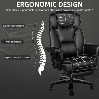 Sucrever Reclining Office Chair with Footrest, Big and Tall Home Office Desk Chairs 400lbs with High Back, Criss Cross Wide Seat, Heavy Duty Base, Pu Leather, Black