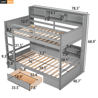 Ball & Cast Twin Over Twin Bunk Bed with Built-in Shelves Beside Both Upper and Down Bed & Storage Drawer, Twin Size Wooden Bunk Bed with Guardrails and Ladder for Kids,Teens,Adult,Gray
