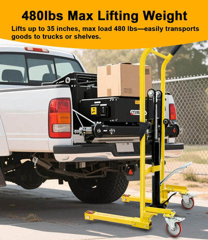 Schupethauer Foldable Hydraulic Material Lift, Pallet Jack Table Cart- 480-Lb. Capacity, 35in Lift. with Swivel Wheels, Steel Platform Board x 1