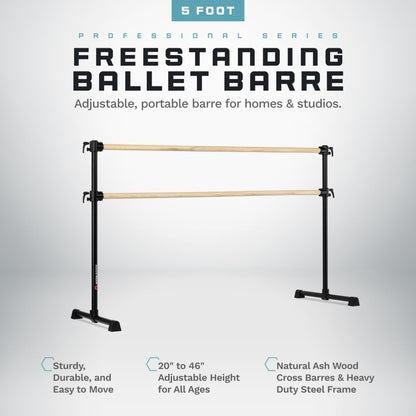 VITA Barre Portable Freestanding Double Ballet Barre, Professional, 5 Ft Bars, Black, Wood | Adjustable Height, Made in USA, Home or Gym Exercise Equipment for Kids & Adults | Dance, Fitness, Pilates