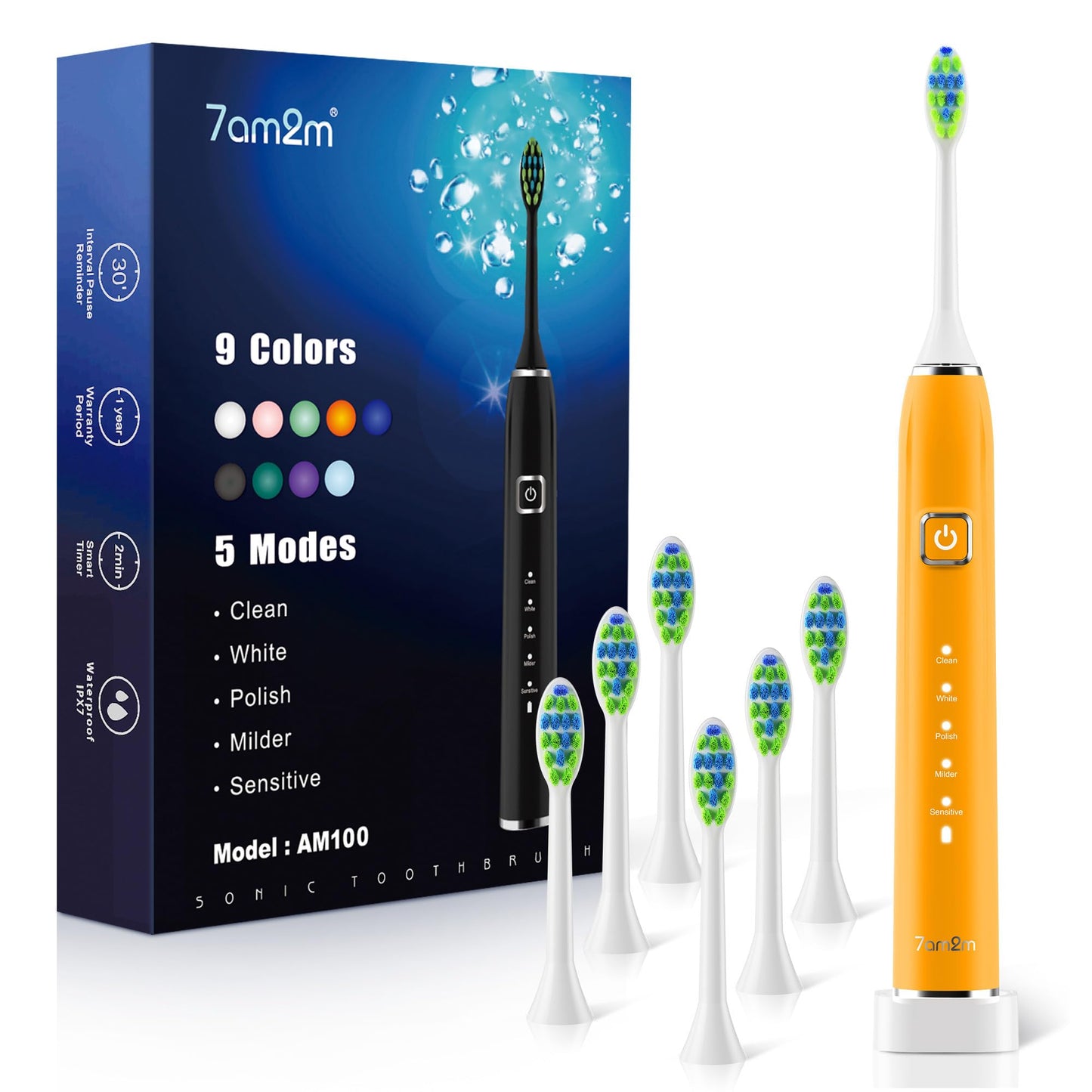 7AM2M Sonic Electric Toothbrush with 6 Brush Heads for Adults&Kids, One Charge for 120 Days, Wireless Fast Charge, 5 Modes, 40000VPM Powered Toothbrush, 2 Minutes Built in Smart Timer (Black)