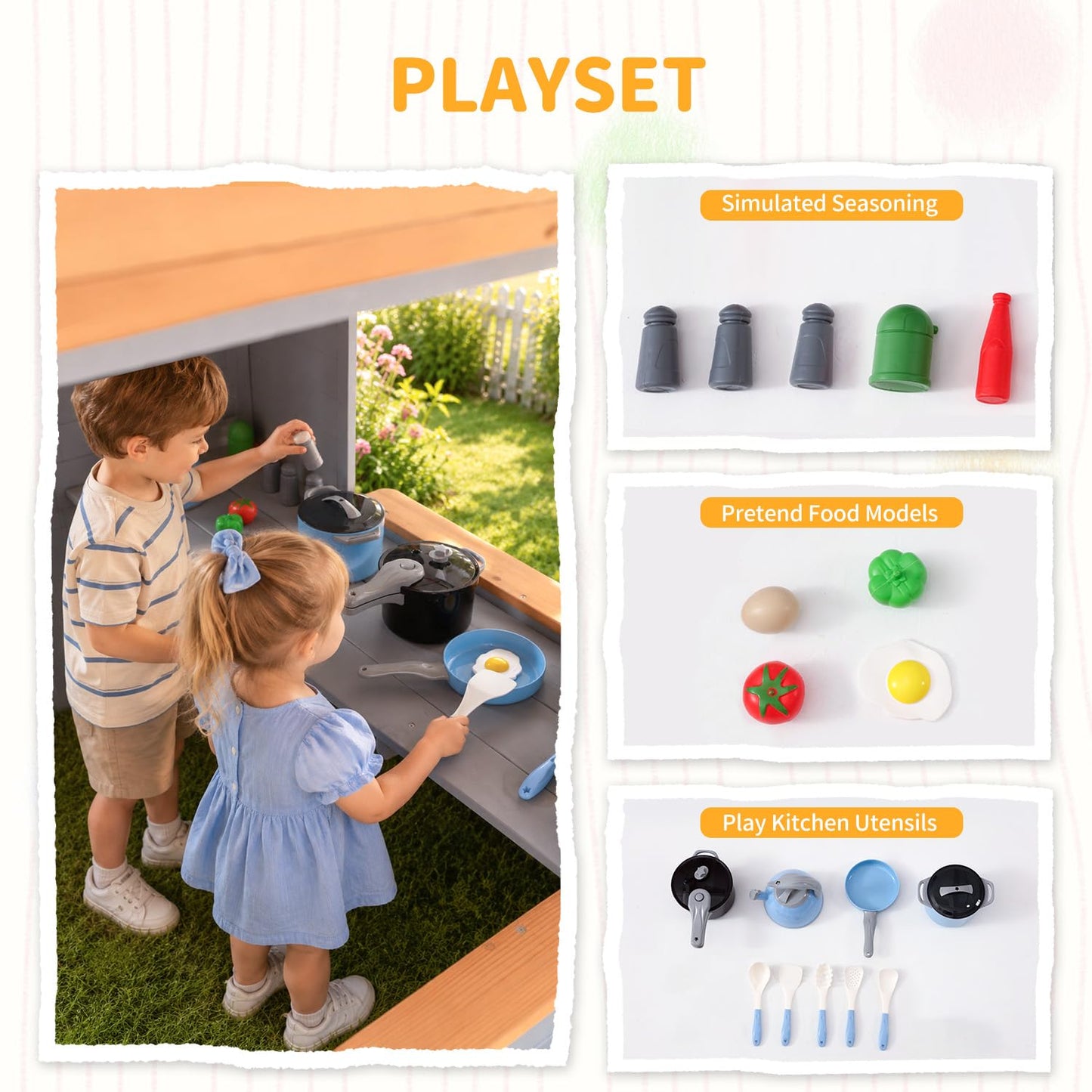 KizzParnrr Wooden Kids Playhouse with Play Kitchen, Half Door Windows, Flowerpot Holders, Toys PlaySet for Backyard Play (Brown and Grey)