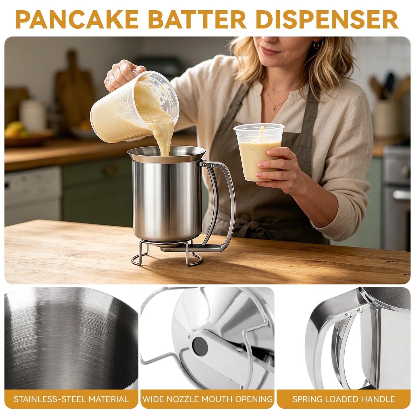 Pancake Dispenser for Batter, Stainless Steel Batter Dispenser, 900ML Funnel Cake Dispenser Batter Pourer for Baking Cupcakes Muffins Crepes Waffles