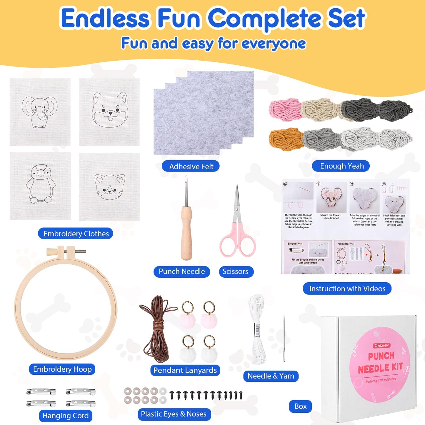 Punch Needle Kit for Beginner,Embroidery Kit with All Tools and Materials, 4Pcs Cute Animal Charm Easy for Adults and Children Follow Instructions and Videos,Best Gift for Craft Lovers