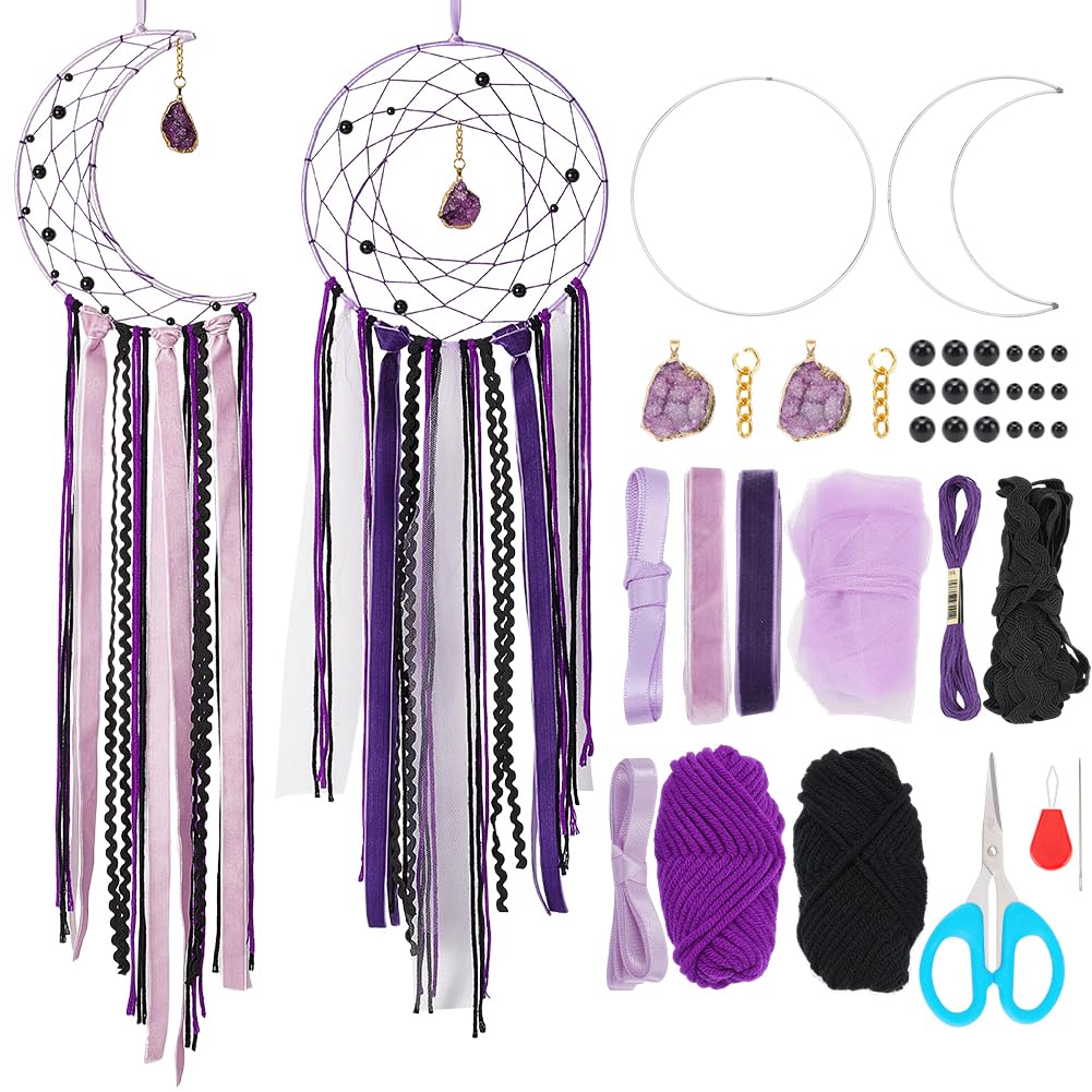 BEUNITONE DIY Purple Moon Lace Gothic Dream Catcher kit 2 Set Boho Large Half Circle Handmade Dream Catcher Kit with Purple Agate for Wall Decor Women Gift Moon Sun DIY Gifts for Bedroom Christmas