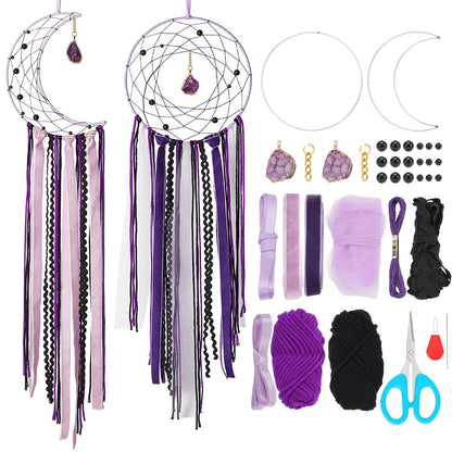 BEUNITONE DIY Purple Moon Lace Gothic Dream Catcher kit 2 Set Boho Large Half Circle Handmade Dream Catcher Kit with Purple Agate for Wall Decor Women Gift Moon Sun DIY Gifts for Bedroom Christmas