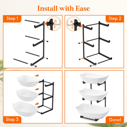 Lifewit Plastic Fruit Bowl for Kitchen Counter, 3 Tier Fruit Basket with Black Metal Stand, Tiered Fruit Holder for Countertop Serving Tray for Vegetable/Dessert in Party 28 x 21 x 35cm/11 x 8.4 x 14