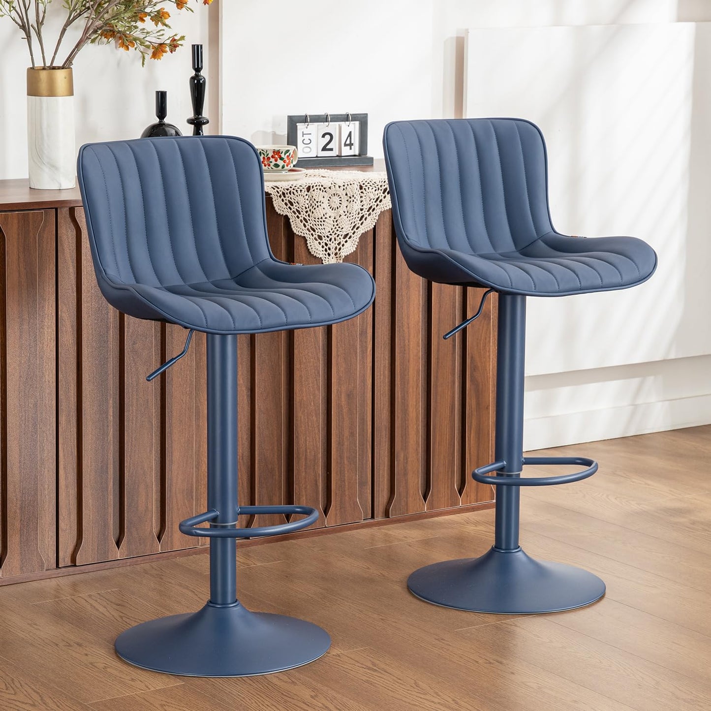 YOUNUOKE Bar Stools Set of 2, Counter Height Barstools for Kitchen Island, Modern Adjustable Swivel Blue Bar Chairs with Blue Legs