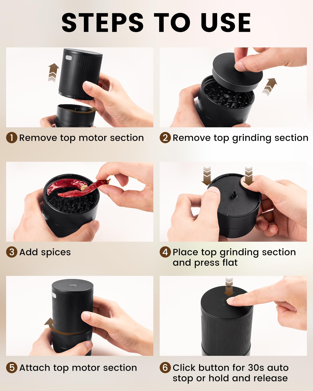 KINGTOP Electric Grinder, Automatic Zinc Alloy Spice Mill, One-Handed Operation, Dual Grind Modes: Flip for Fine or Upright for Coarse