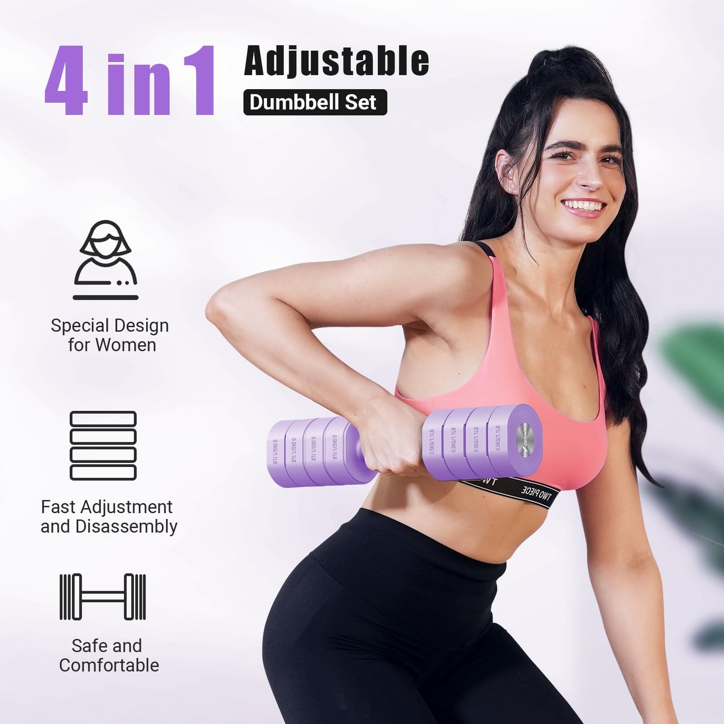 MERACH Dumbbell Set of 2, Adjustable Weight, Anti-slip Handle, Macaron Colors, Each 2.2/4.4/6.6/8.8 lbs, 4 in 1 Hand Weights for Women at Home