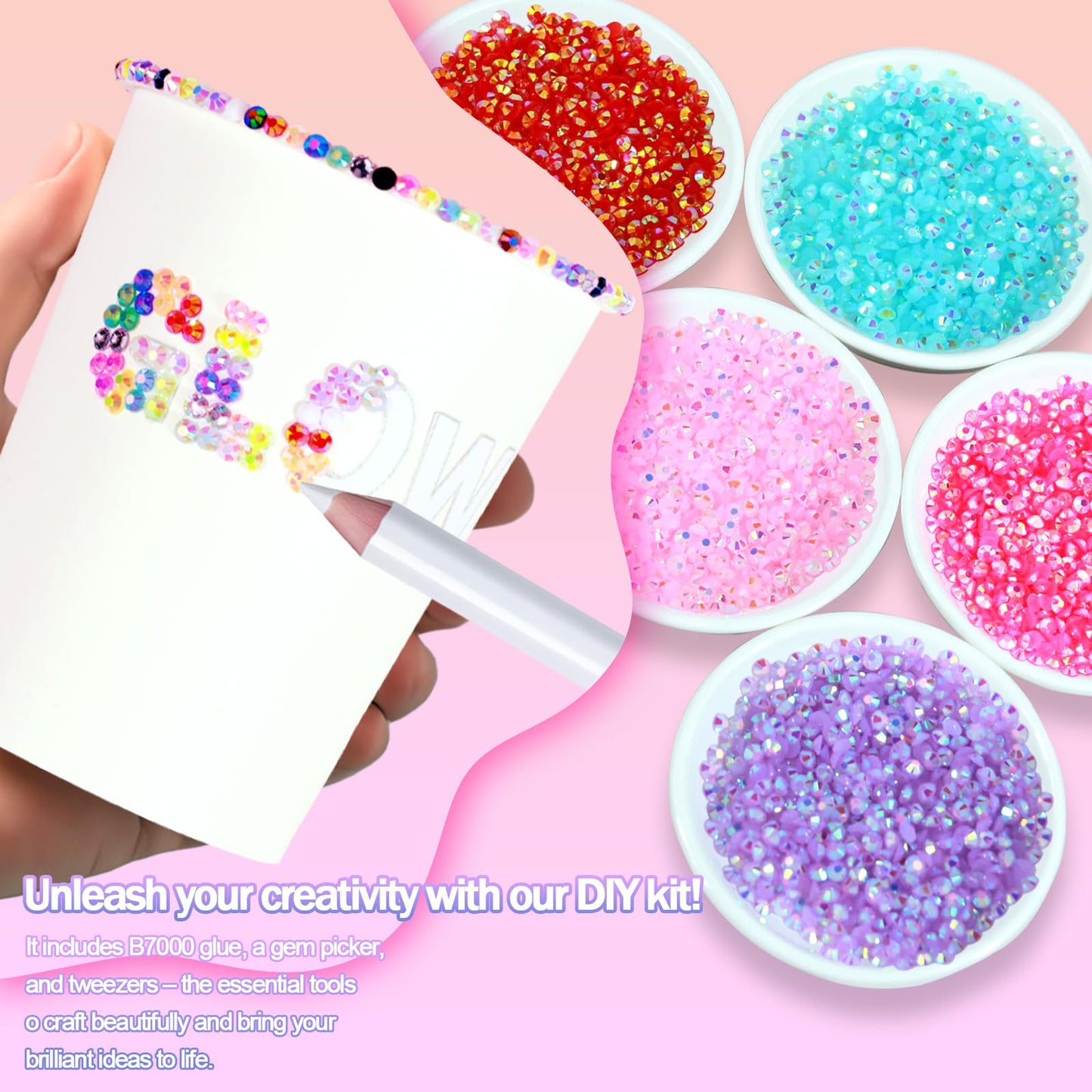 40000+Pcs Resin Jelly Rhinestones for Bedazzling Kit, 3mm Multicolor Flat Back Gems Bedazzler Kit with 3Pcs 10ml B7000 Jewelry Glue, Colorful Bulk Jewels for Diamond Nail Art