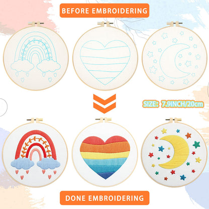 Yinder 5 Set Starter Embroidery Kit for Beginners Boho Cross Stitch with Patterns Embroidery Hoops Instructions Floss Punch Needlepoint Kits Crafts DIY Adult Beginner Cross Stitch(Rainbow)