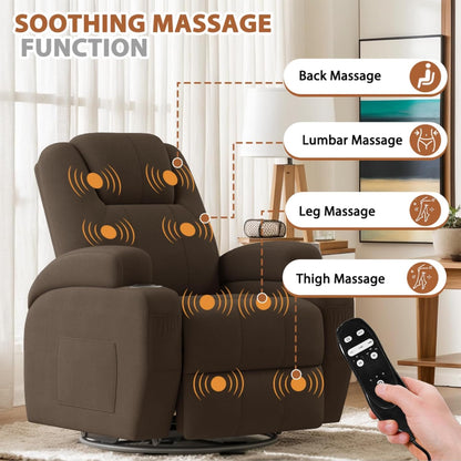 Flamaker Swivel Rocker Recliner Chair with Vibration Massage, 360° Swivel Recliner Chairs for Adults Ergonomic Lounge Chair with Cup Holders Lazy Boy Recliner Single Sofa Seat (Fabric, Brown)