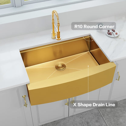 MONSINTA Gold Farmhouse Kitchen Sink, 16 Gauge SUS304 Stainless Steel Farm Sinks, All In One Workstation Sink with Ledge & Accessories, 33" x 20" x 10" Large and Deep Gold Undermount Kitchen Sink